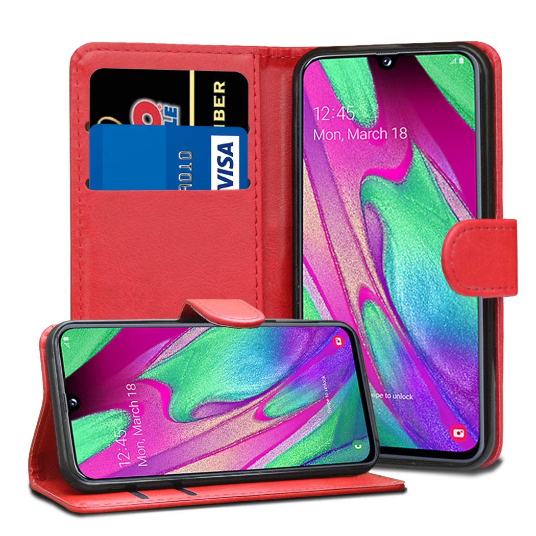 GAPlus Samsung Galaxy A40 Leather Case - Premium Wallet Case Leather Flip Cover For Samsung Galaxy A40 [Card Holder] [Magnetic Closure] (Red)