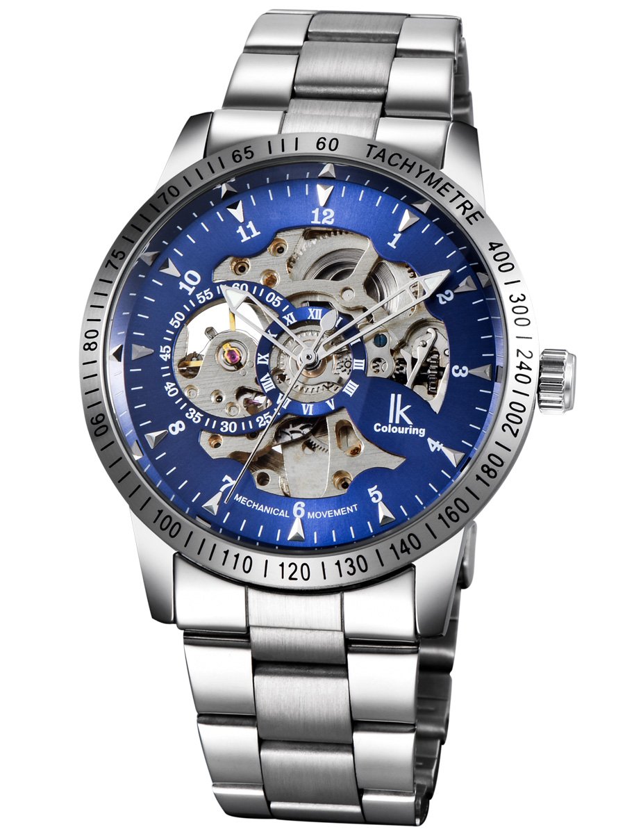 Alienwork IK Automatic Watch Men Women Silver Stainless Steel Metal Strap Blue Skeleton