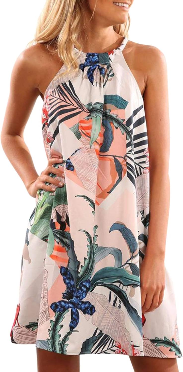 Alaster Queen Women’s Casual Floral Print Sleeveless Beach Short Dress Halter Neck Mini Dress Blue Floral