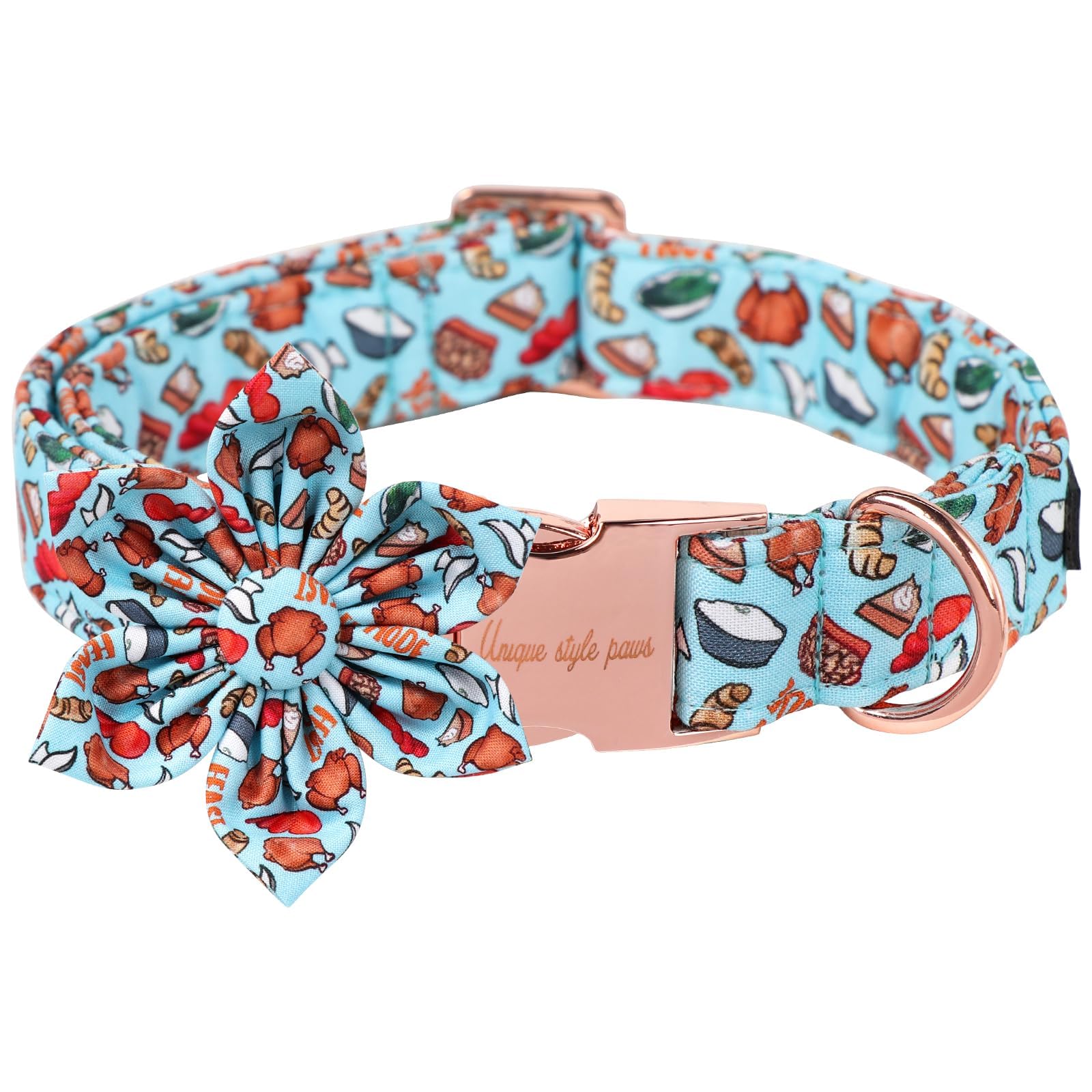 Unique Style Paws Dog Collar With Turkey Flower, Comfortable Cotton Adjustable for Boy Girl Dogs, Metal Buckle, S, Neck 10-16in — image 1