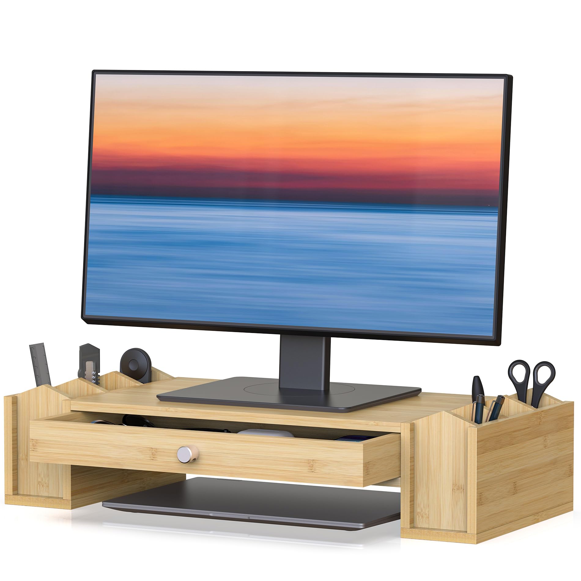 Monitor Draw Shelf WELL WENG Monitor Stand Riser with Drawer and Pen Holder, Desk ...