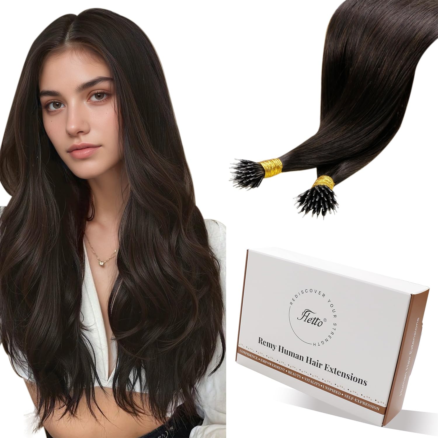 Hetto Nano Hair Extensions Real Human Hair Dark Brown 18 Inch - Invisible Nano Beads Hair Extension, Brown Nano Ring Extensions Pre Bonded Cold Fusion for Hair Thickening #2 50 strands 50 g — image 1