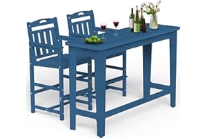 Ciokea Heavy-Duty Outdoor Bar Set, Rectangle High Top Table and 2 Oversized Adirondack Chairs Set, HDPE Modern Patio Bar Set for Outside Bistro Backyard Balcony Deck Outside, Navy Blue