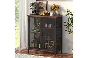 BON AUGURE Coffee Bar Cabinet for Liquor, Small Storage Cabinet for Home Kitchen, Farmhouse Buffet Sideboard Console Table, Industrial Alcohol Cabinets for Dining Entryway Living Room (Rustic Oak)