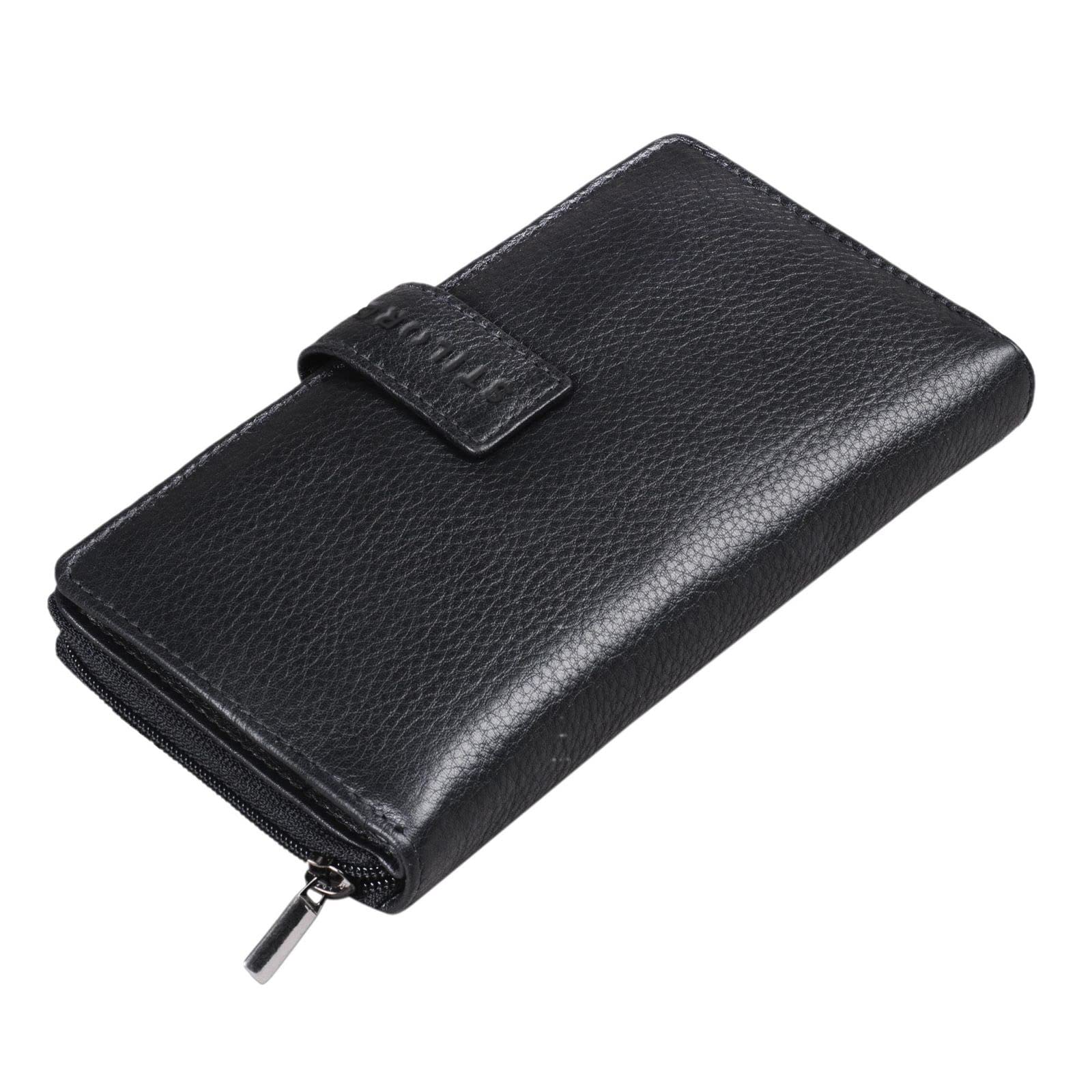 STILORD 'Greta' Vintage Leather Purse Wallet with Flower Embossment with Coin Storage 13 EC-Cards Horizontal Cow Hide Leather, Colour:Black Plain