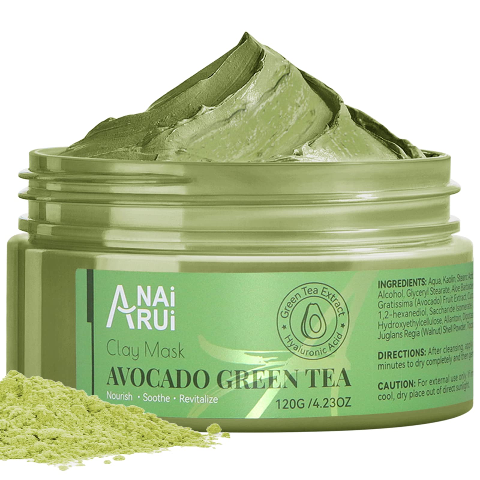ANAiRUi Avocado Green Tea Clay Mask, Matcha Mud Mask, Hydrating, Moisturizing, Deep Pore Cleansing, Acne Treatment, Detox Spa Facial Mask, Face Masks Beauty, Skin Care, 120g