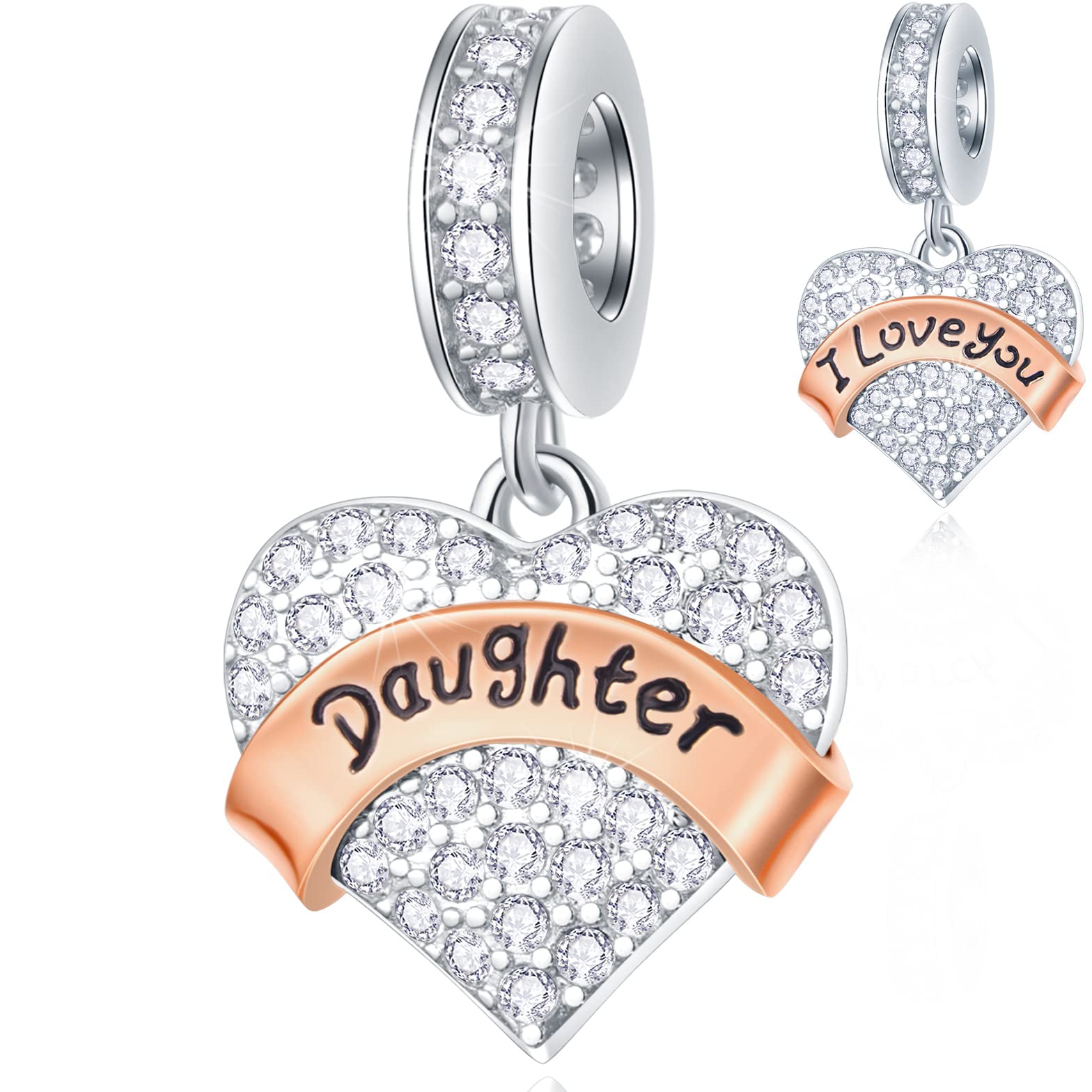 CRISNATA Daughter I Love You Heart Pendant Charms, Fits Pandora Mothers Day Bracelet, 925 Sterling Silver Pave Sparke CZ Dangle Granddaughter Beads, Gift for Daughter in Law/Step Daughter