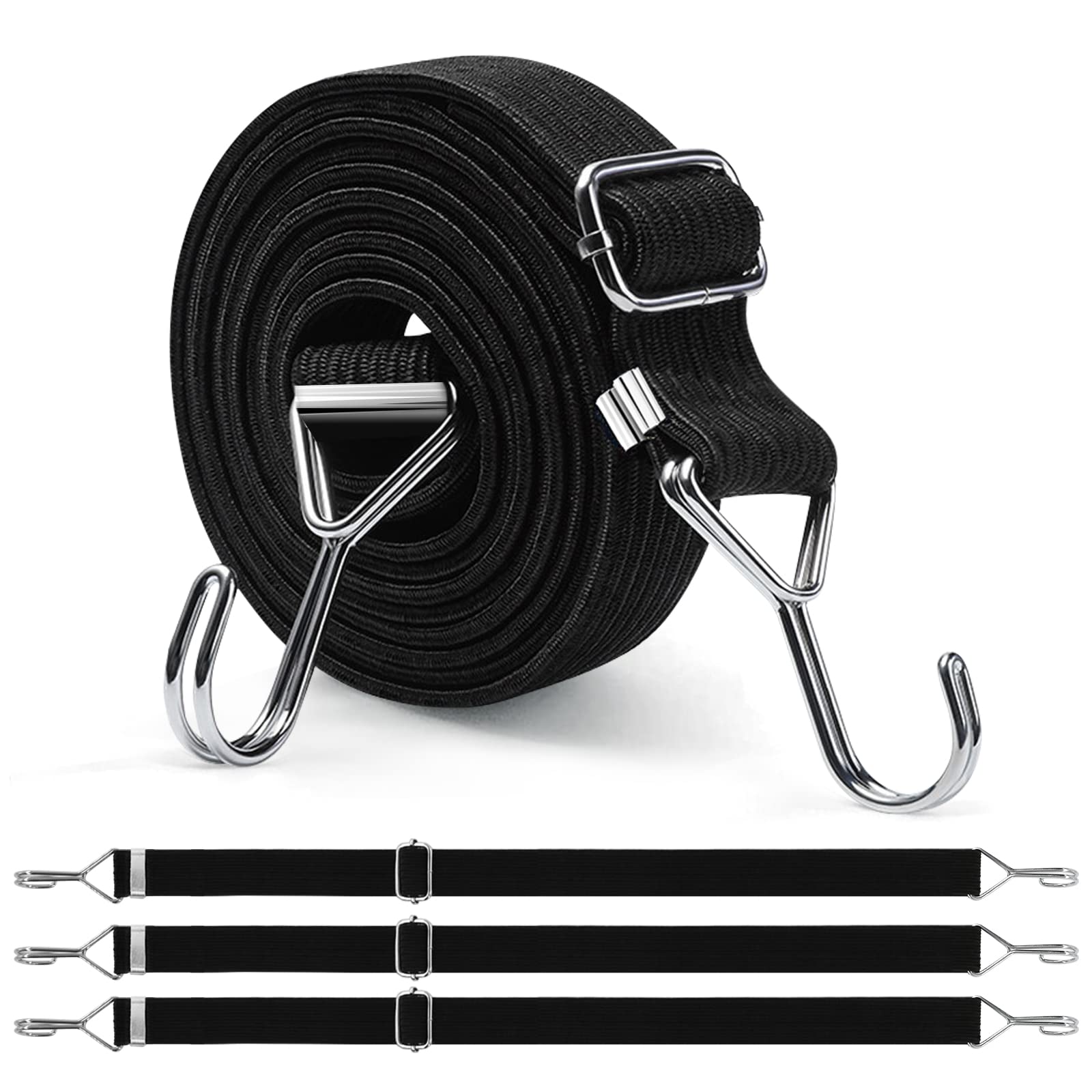 Newthinking 4 Pack Adjustable Bungee Cords with Hooks, Heavy Duty Flat Bungee Cords Elastic Straps for Bicycles Camping Tent Luggage Fixing (Black, 3M)