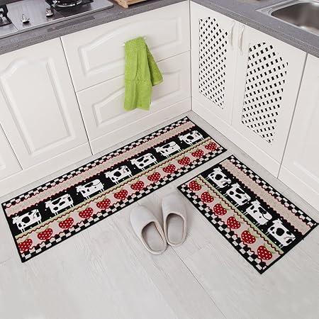 Kitchen Fruit Cow Design Grey Rubber Non Slip Doormat Runner Rug