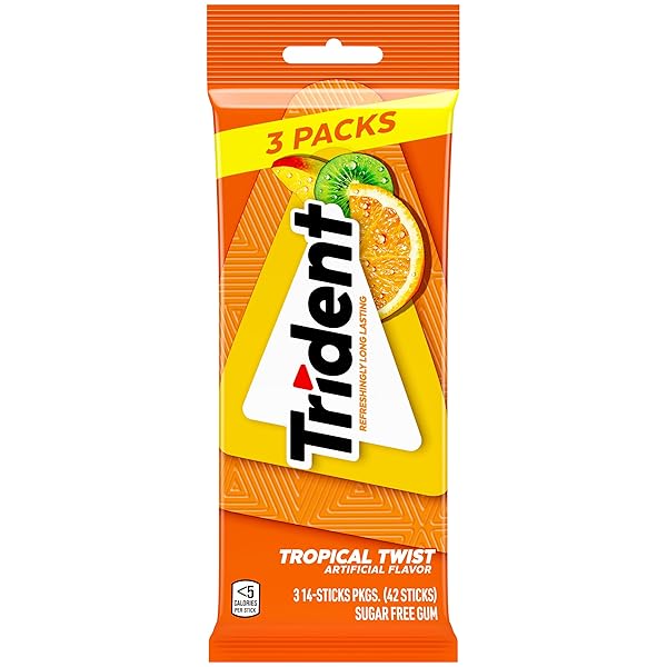 TRIDENT TROPICAL TWIST SUGAR-FREE CHEWING GUM, 3 PACKS OF 14 PIECES (42 TOTAL PIECES)