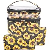 FITINI 3 Pieces Sunflower Makeup Bags Double Layer Travel Large Cosmetic Cases Organizer Toiletry Bags Waterproof Small Zipper Pouch for Women Makeup Brush Storage Bag