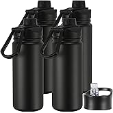 16 oz Insulated Water Bottle with Straw Lids, Stainless Steel Kids Water Bottles for School, Double Wall Vacuum Metal Water Bottle with Straw & Wide Mouth Lid, Black 4 Pack
