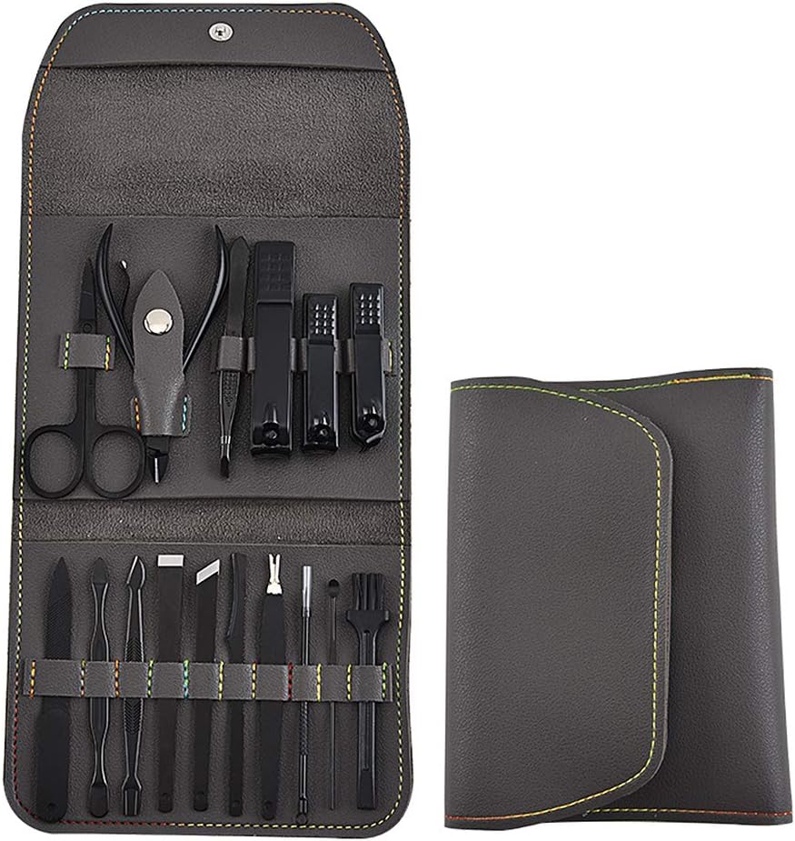 Stainless Steel Manicure Set of 16pcs,with PU Leather Case, Portable Travel Nail Manicure/Pedicure Tools kit,Gifts for Men/Women (L, Gray)