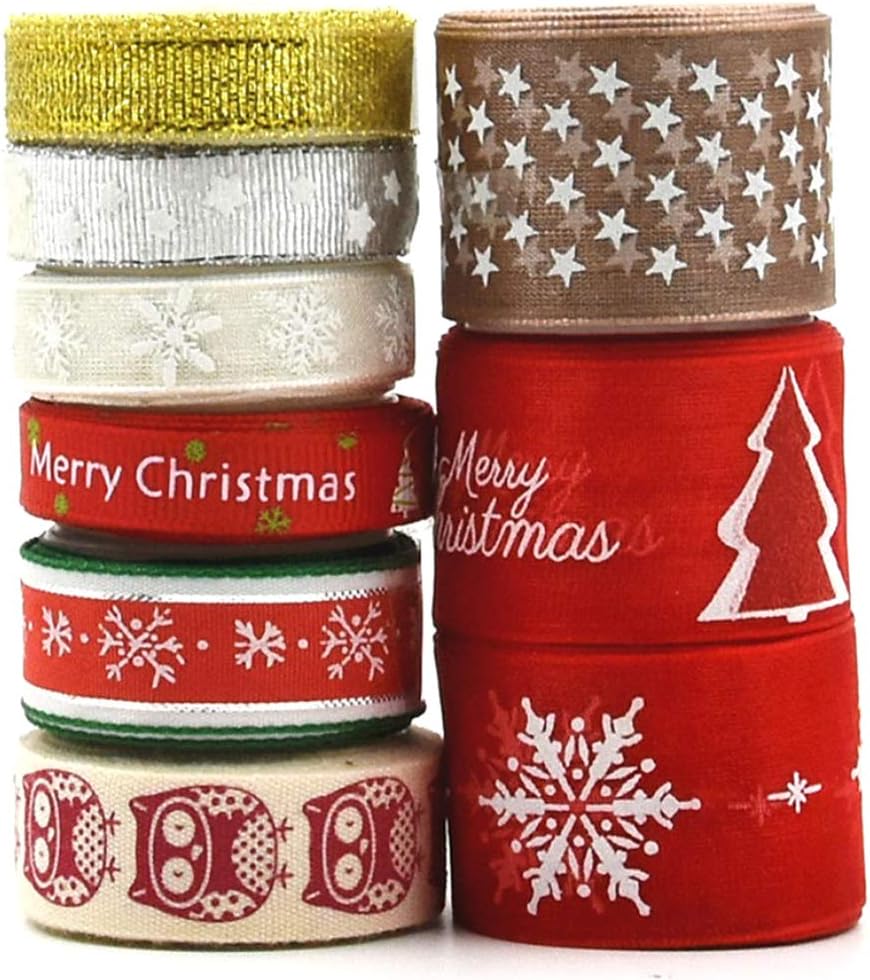 Amacoam Christmas Ribbon Bundle Gift Wrap Ribbon Christmas Ribbons for Crafts Festive Ribbon Grosgrain Ribbon 9 Pcs Xmas Ribbon for DIY Craft Christmas Holiday Decoration Gift Wrap 18 Yards (9x2yd)