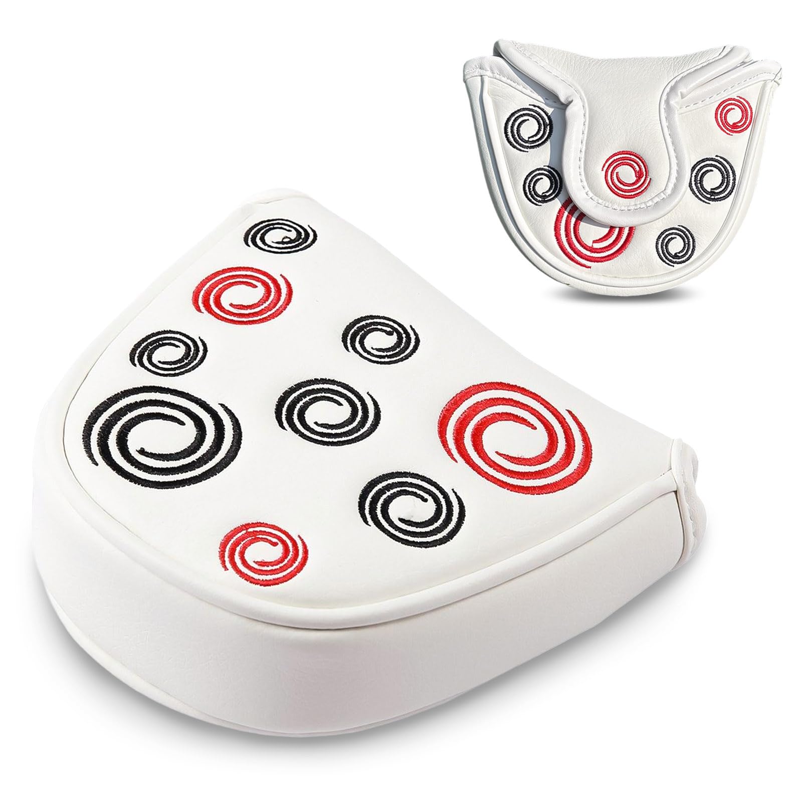 Mallet Putter Headcover,Golf Putter Head Covers，With Red White Circle Embroidery Premium Magnetic Closure Half Round For Golf Headcover Magnetic Club Applies For Ping Odyssey Putter Covers(white）