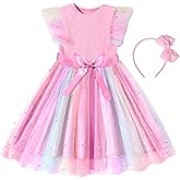 Toddler Baby Girl Tulle Dress Rainbow Tutu Princess Dress Sequin Ruffle Sleeve Sundress for Birthday Party 2-6Y