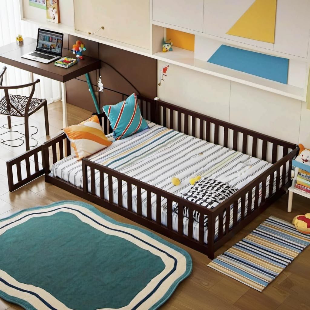 Photo 1 of ** NEW**  PVWIIK Full Size Floor Bed with Fence and Door,Easy to Assemble Wood Bedstead,Platform Bed w/Safety Guardrails/Near The Ground,Espresso