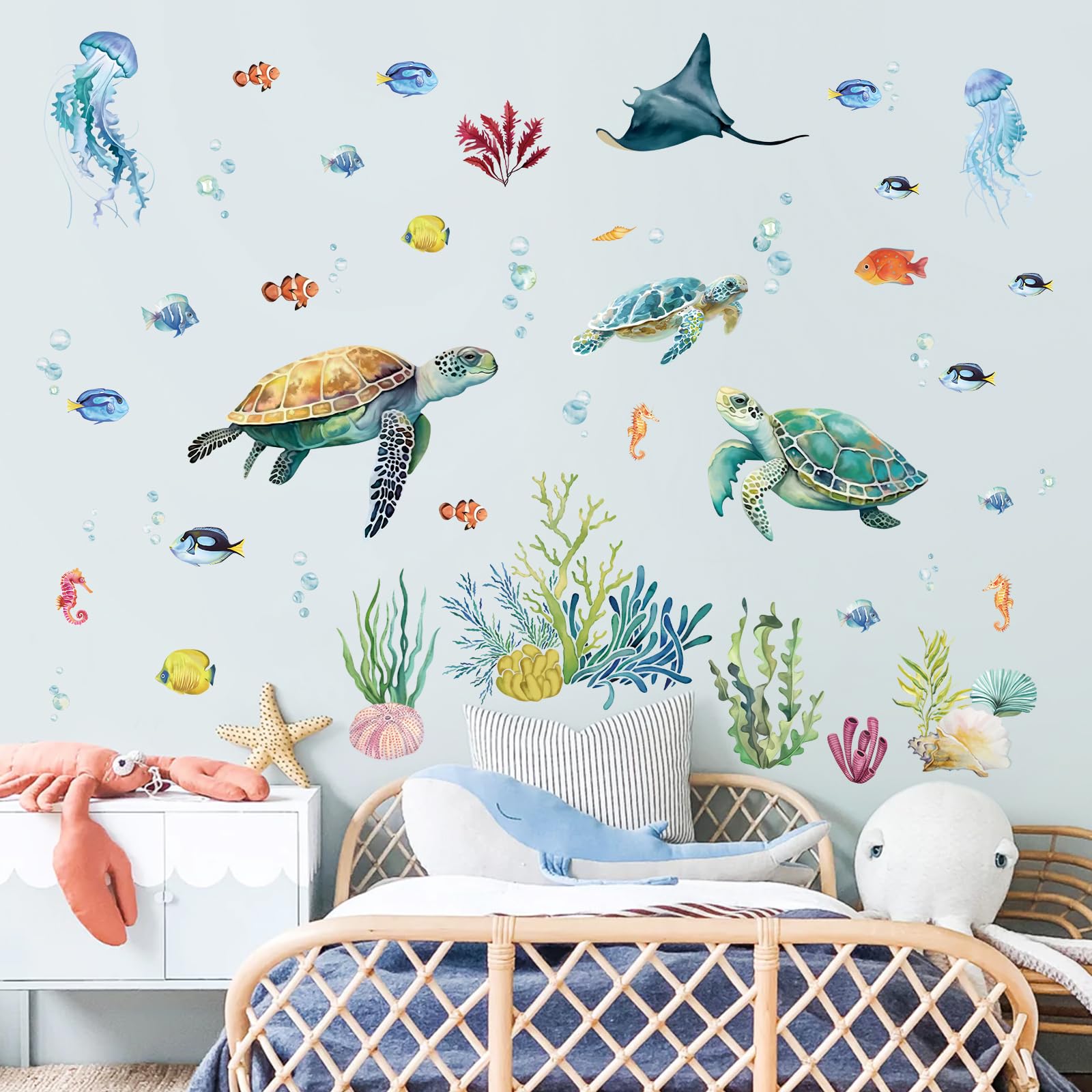 decalmile Under The Sea Turtle Wall Decals Seaweed Fish Ocean Grass Wall Stickers Bathroom Living Room Bedroom Wall Decor