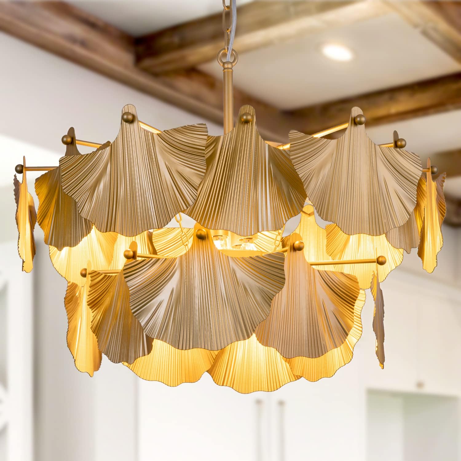 Photo 1 of TOCHIC Modern Farmhouse Chandelier, 8 Lights Gold Chandeliers for Dining Room, Rustic Chandelier with Ginkgo Leaves, Ceiling Light Fixture for Living Room, Bedroom, Kitchen, Entryway, W-25.98"