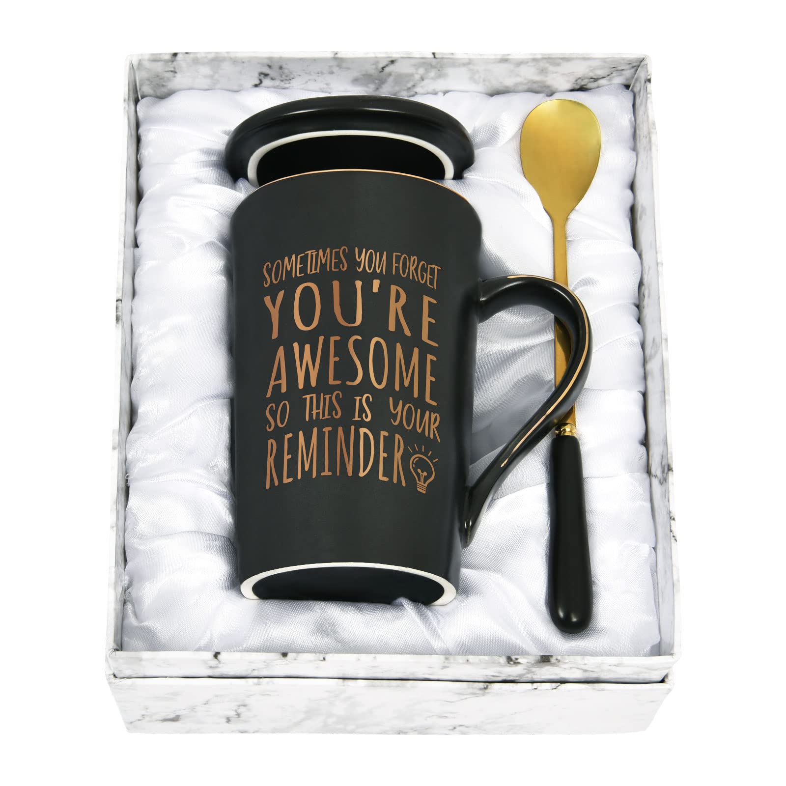 Joymaking Marble Textured Ceramic Coffee Mug, 14 Oz, Includes Gold Color Spoon and Lid, Gift Box, Elegant, Inspirational, Holiday, 3.54 x 5.12 inches, Hand Wash Only