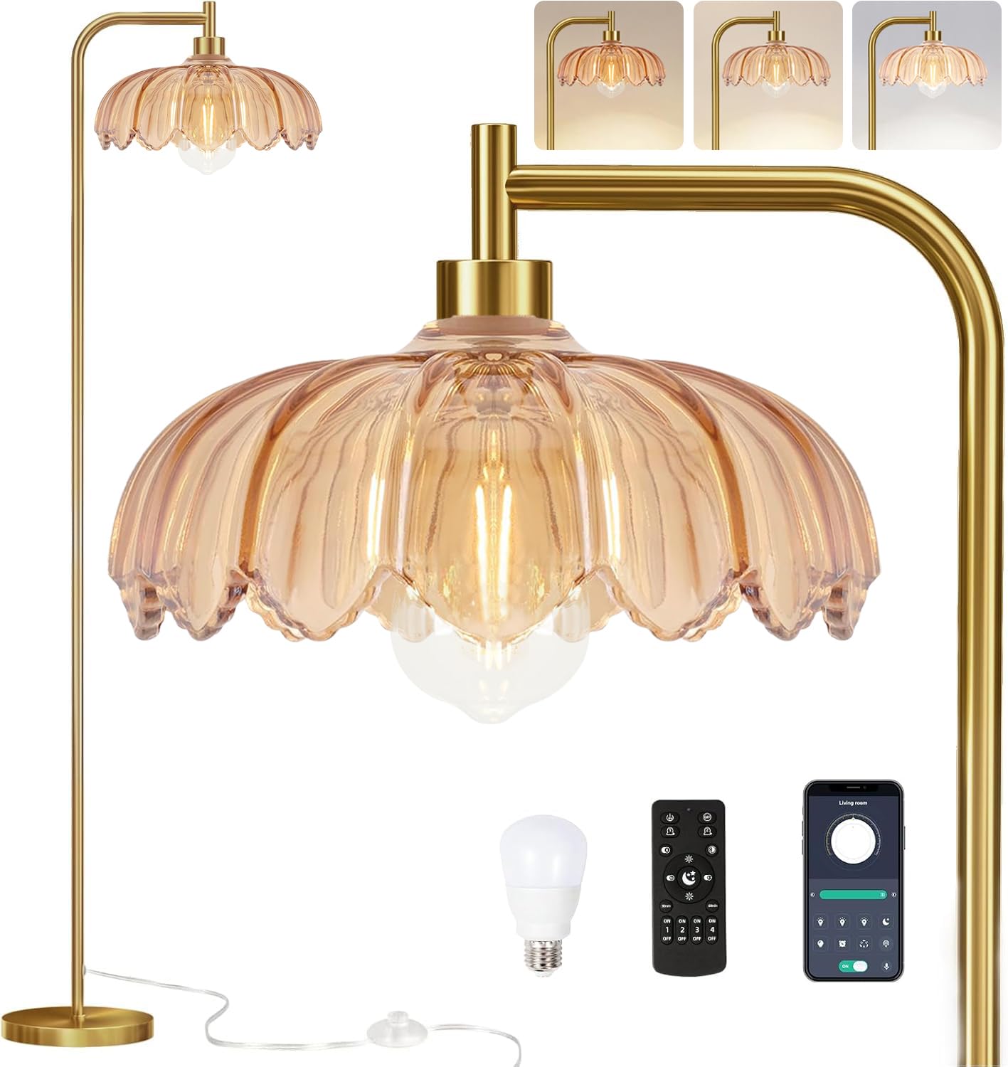 Photo 1 of QIYIZM Brass Dimmable Floor Lamp Gold Glass,Tall Lamp Mid Century Modern Retro Standing Lamp with Remote Green Floor Light Lamp Boho Vintage Bohemian Bedroom