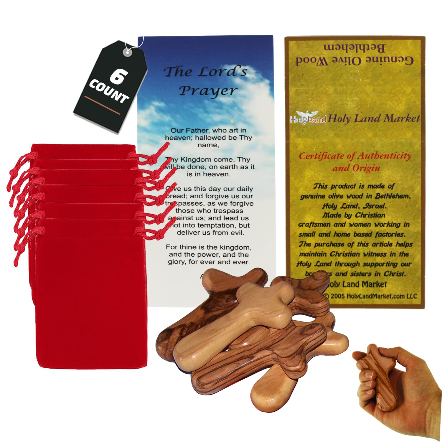 Holy Land Market Comfort/Holding Cross Also Known as Palm or Hand Cross With Velvet Bag And Two Certificates (4 Inches) (6)