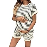 OYOANGLE Women's Maternity 2 Piece Outfit Striped Crew Neck Tee Top and Shorts Pregnancy Set