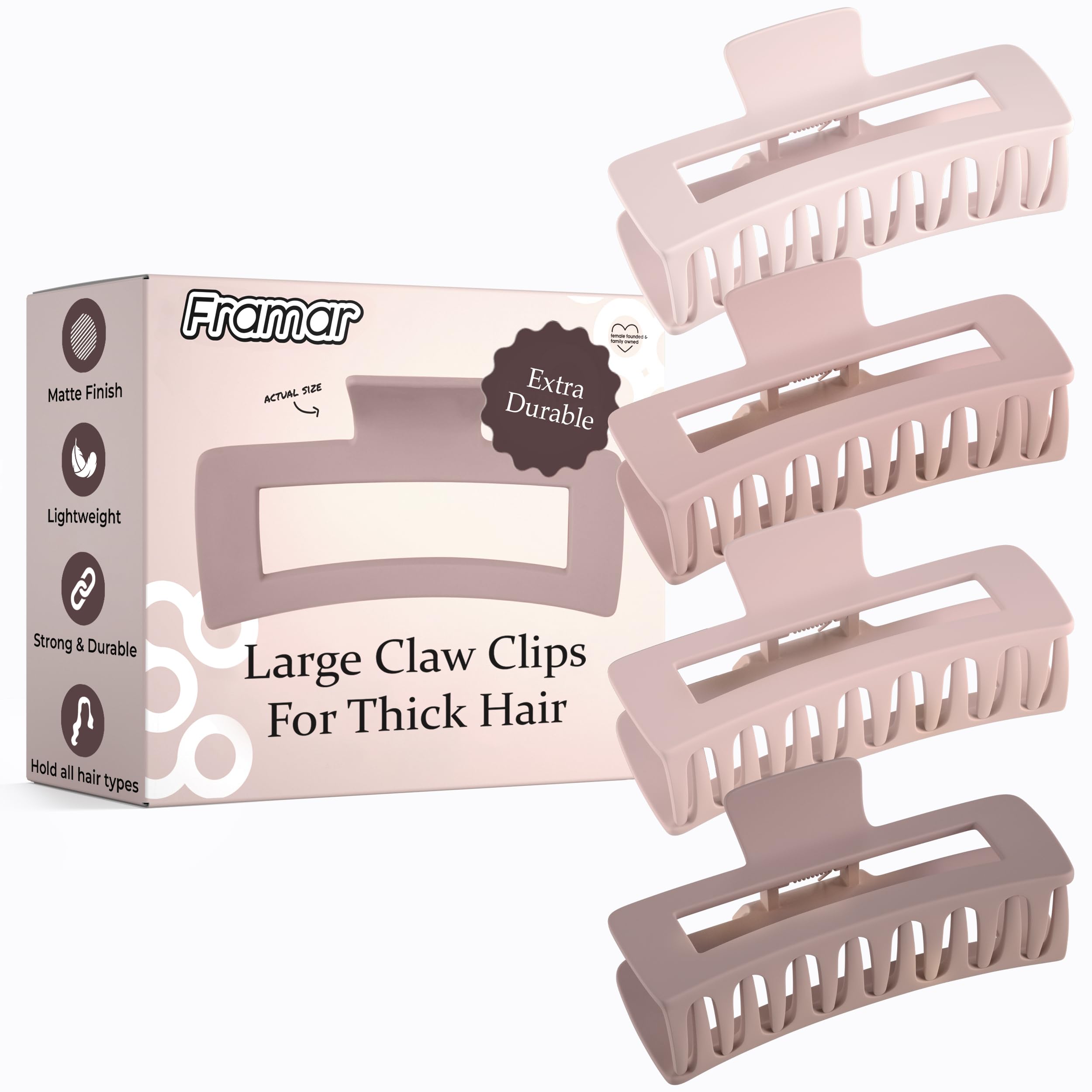 FRAMAR Large Claw Clips For Thick Hair – Hair Claw Clips Women, Large Claw Clip, Pink Hair Clips Women, Hairclips, Strong Hold, Non Slip Matte Finish – Blush 4 Pack
