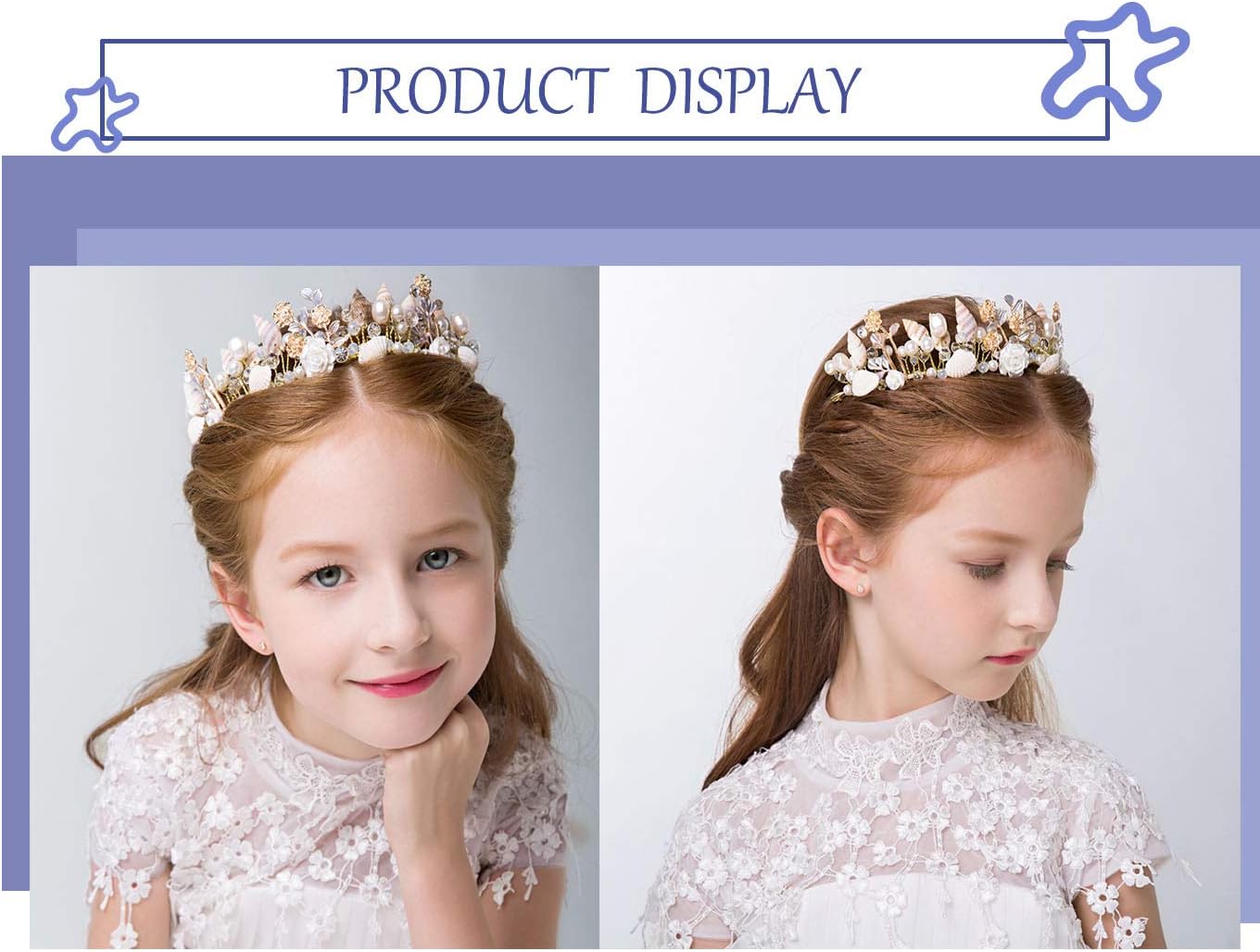 IYOU Princess Flower Shell Headband Gold Communion Headpiece Pearl Crystal Hair Tiaras Bridal Wedding Hair Accessories for Girls and Bridesmaid - Image 4