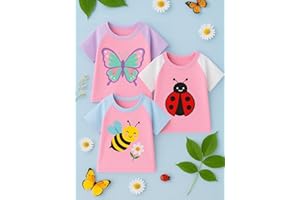 Girls' 3-Piece Short Sleeve T-Shirt Cotton Printing Casual Crewneck Tee for Toddler Little Kids Sizes2-7Y