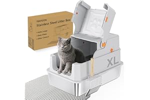 TTT TENTIZON TENTIZON Stainless Steel Cat Litter Box with Lid, XL Large Covered Kitty Litterbox with Flip Top, High Side, Litter Mat, Scoop for Big Cats, Kitten, Multi-Cats Home, No Smell, No Mess, Easy Clean