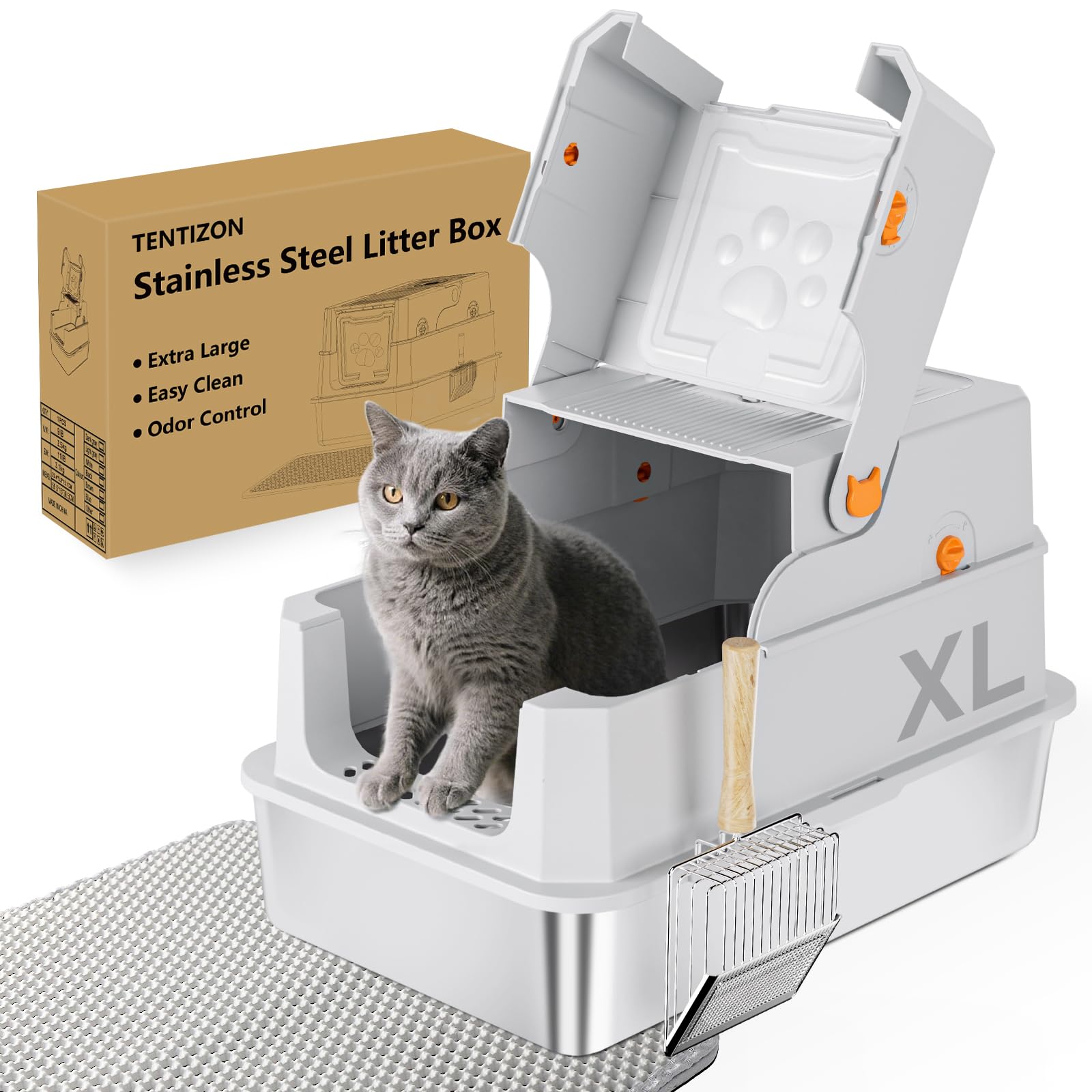 Photo 1 of ***FACTORY SEALED***TENTIZON Stainless Steel Cat Litter Box with Lid, Large Covered Enclosed Kitty Litterbox with Hood, Flip Top, High Side, Litter Mat, Scoop for Big Cats, Kitten, No Odor, No Mess, Easy Clean, Grey