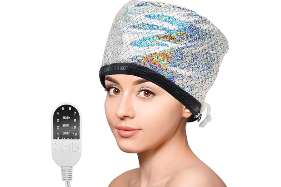 Hair Steamer Cap, Portable Hair Care Hat with 10 Mode Temperature Control, 110V Electric Heating Cap for Hair SPA Beauty Steamer Nourishing Hat Hair Thermal Treatment Cap (Colorful Fish Scales)