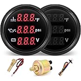 MH Triple Gauge Set - Water Temp (104&deg;F-248&deg;F), Oil Pressure (0-145PSI), Voltmeter (9-32V), AUTO Gauge with Sensors 2" 52mm 3-in-1 Boat Marine Meter Kit (Black)
