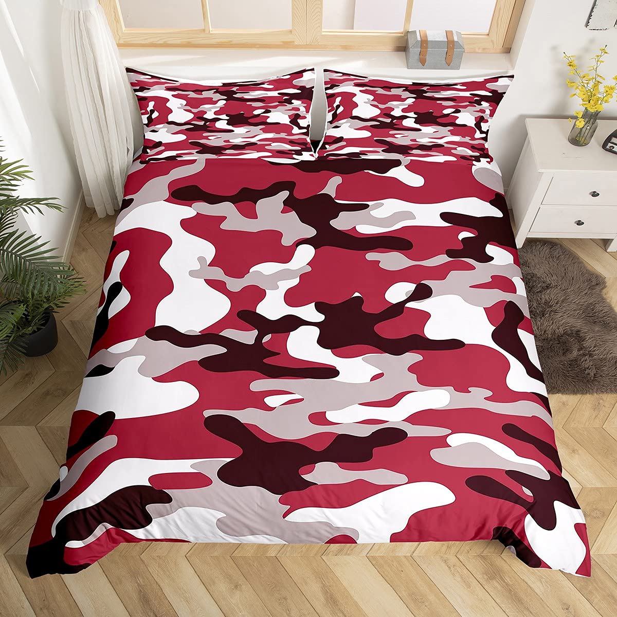 Army Camouflage Bedding Set Teens Jungle Camo Duvet Cover Set for Kids Boys Girls Colorful Comforter Cover Wine Red Black Grey Quilt Cover 3Pcs Double Size