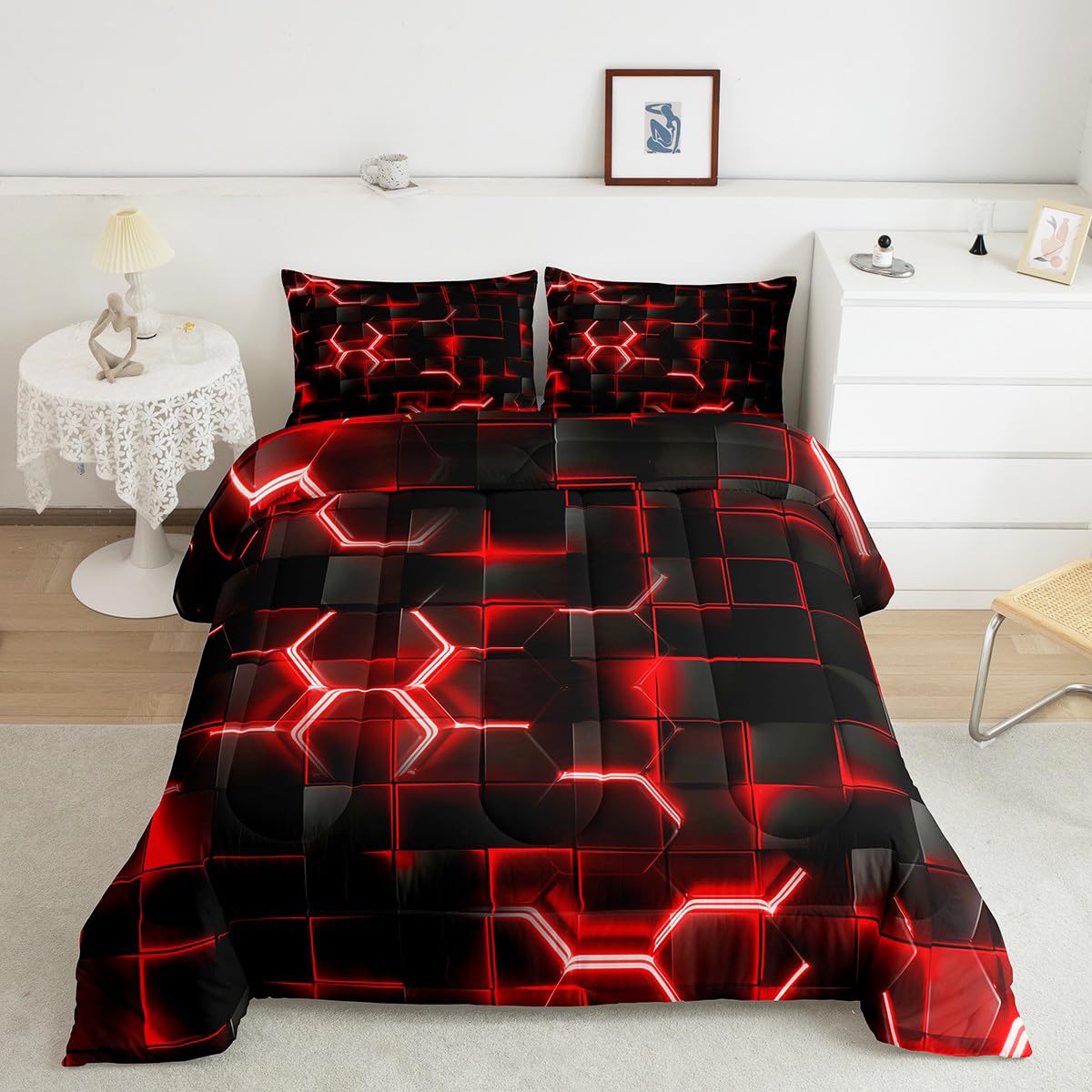 Photo 1 of Feelyou Red and Black Bedding Set Queen Size Honeycomb Comforter Set for Kids Boys Girls Decor Geometry Hexagon Theme Comforter Geometrical Beehive Duvet Set