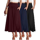 Ficerd 3 Pack Maxi Long Skirts for Women, Ankle Length High Waisted Pleated Flowy a Line Summer Casual Skirts with Pockets