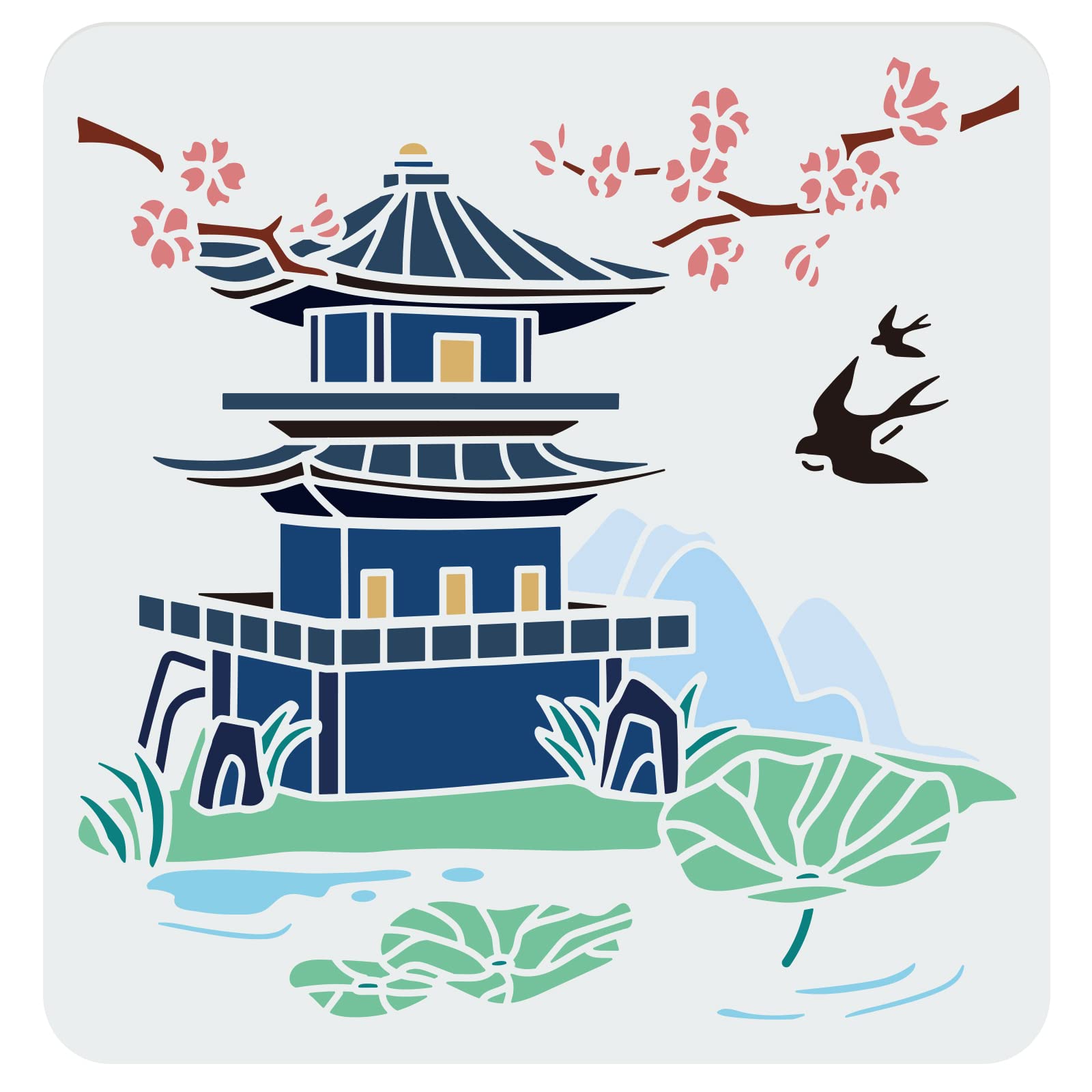 FINGERINSPIRE Oriental Pagoda Stencil 30x30cm Ancient Tower Cutout Drawing Templates Architecture Cherry Blossoms Swallow Lotus Leaf Hills Branch Painting Stencil for Home Decoration