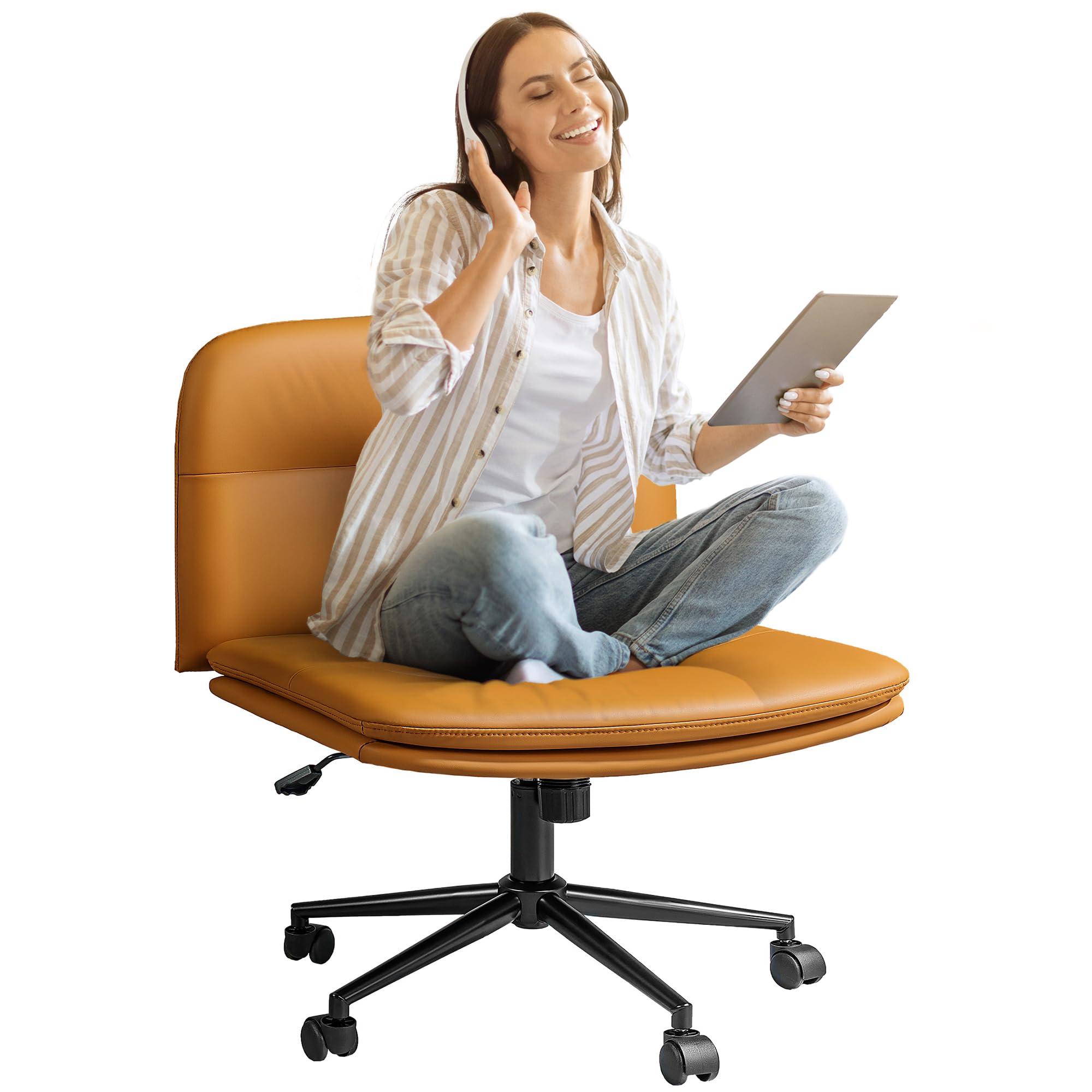 FLEXISPOT Cross Legged Office Chair for Vanity Desk Criss Cross Chair with Wheels Armless Office Chair Vanity Chair Comfy Wide Seat Cushion PU Leather(Brown)