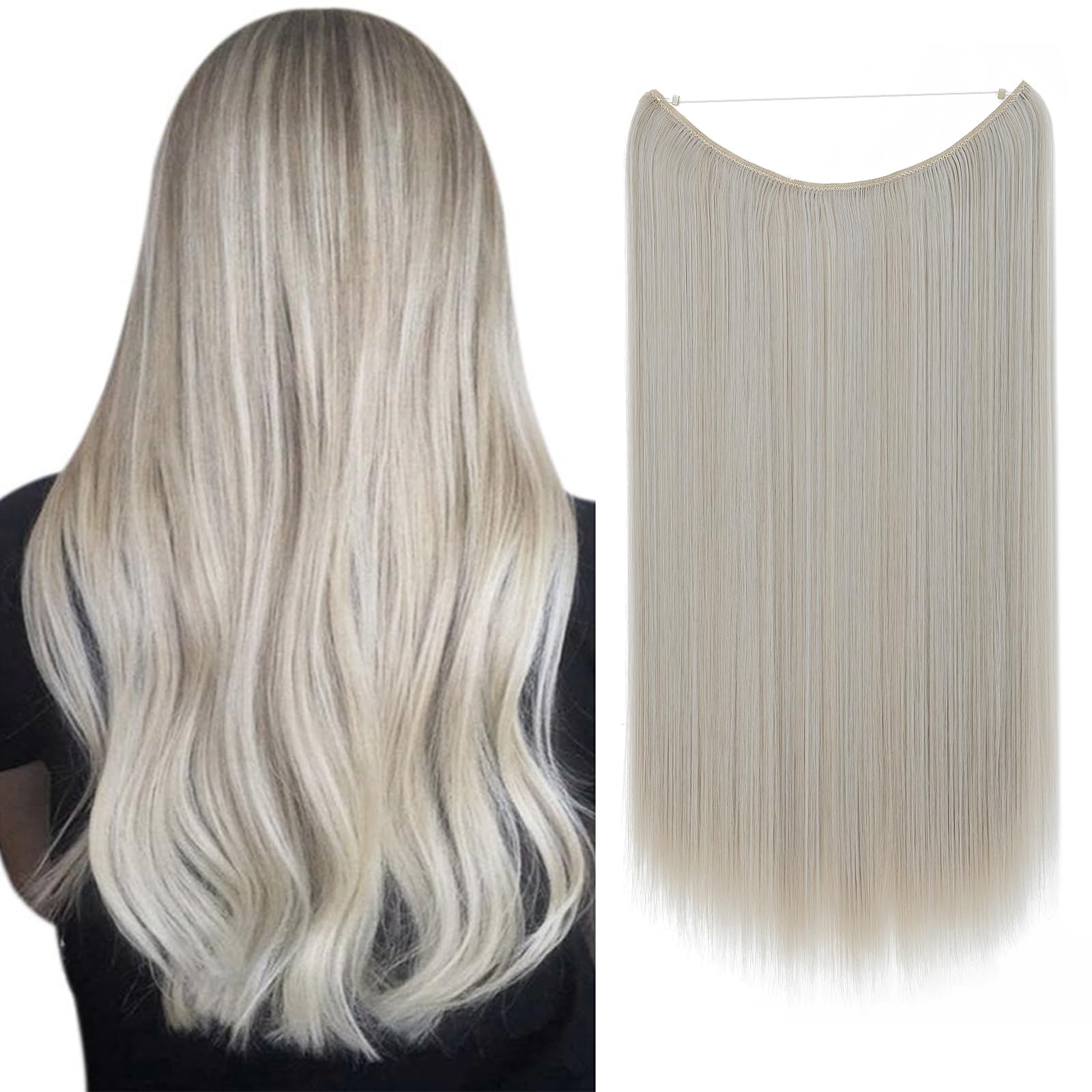 Invisible Secret Hidden Wire in Hair Extensions 20 Inches Long Straight Synthetic No Clip in Hairpieces Miracle Translucent Fish Line Ombre 2 Tone Ash Blonde mix Silver Gray