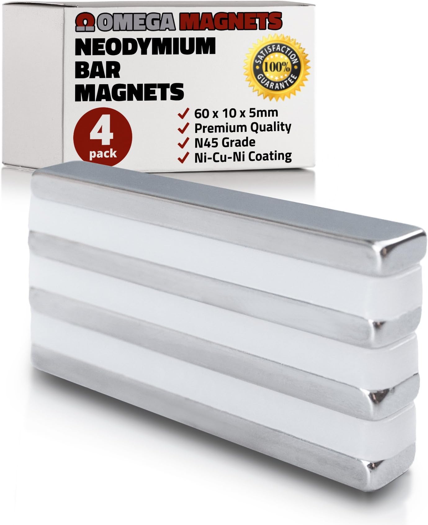 Strong Neodymium Bar Magnets (4 Pack) - Powerful, Rectangular Rare Earth Magnets - N45 Industrial Strength NdFeB Block Magnet Set for Misti, DIY, Crafts - 60 x 10 x 5mm