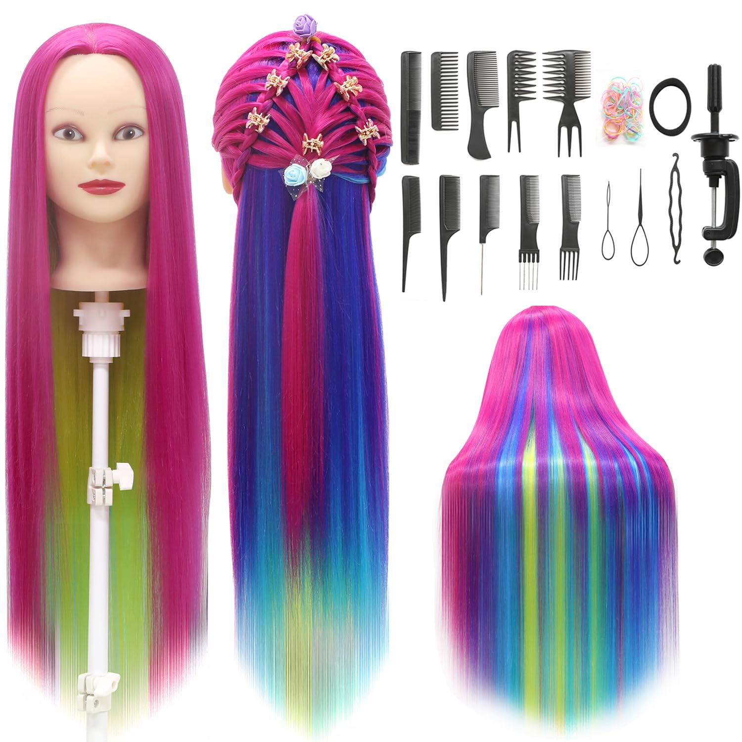Styling Head 28 inch Hairdresser Training Head 100% Synthetic Fiber Hair Styling Head, Training Head Hairdressing Head with Free Clamp and DIY Braiding Set (Rainbow)