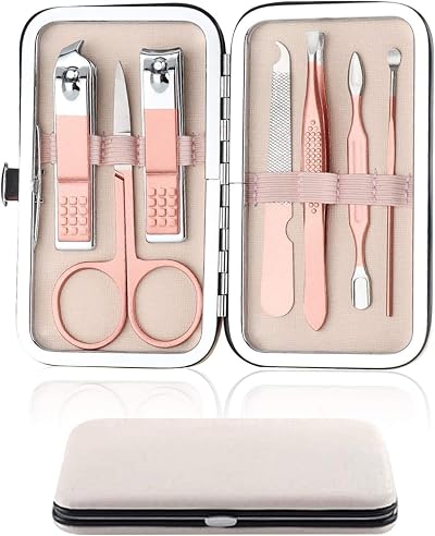Acehome 7 in 1 Nail Clipper Manicure Set Pink Leather Case Stainless Steel
