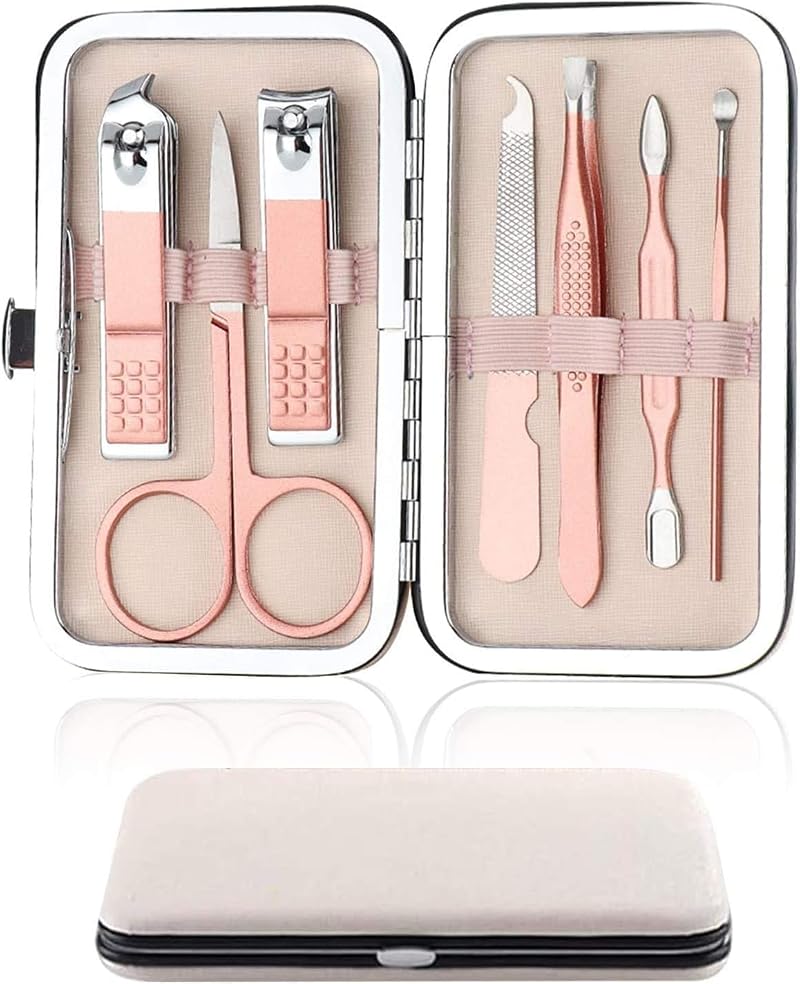Acehome 7 in 1 Nail Clipper Manicure Set Pink Leather Case Stainless Steel