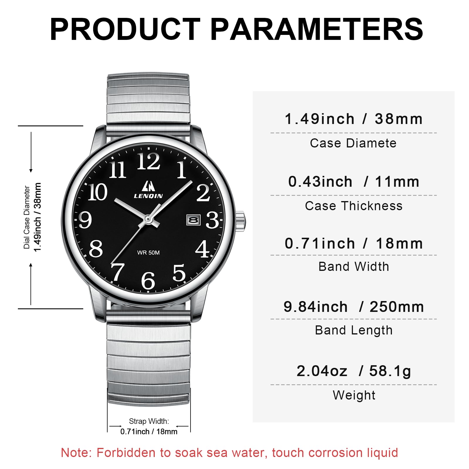 LN LENQIN Mens Watches Stainless Steel Analog Quartz Watch for Men Easy Reader 38 mm Fashion Business Waterproof Men's Wrist Watches with Date and Expansion Band