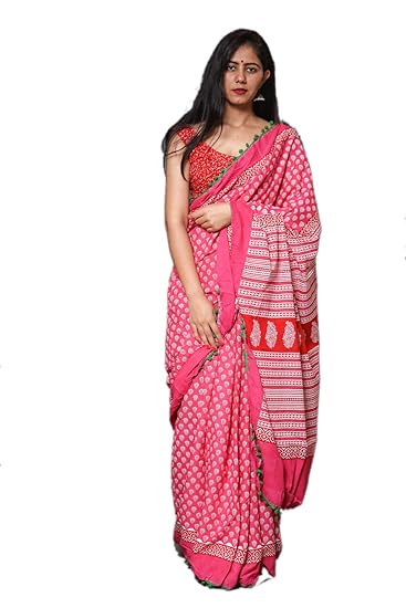 White Cotton Hand Block Printed Saree