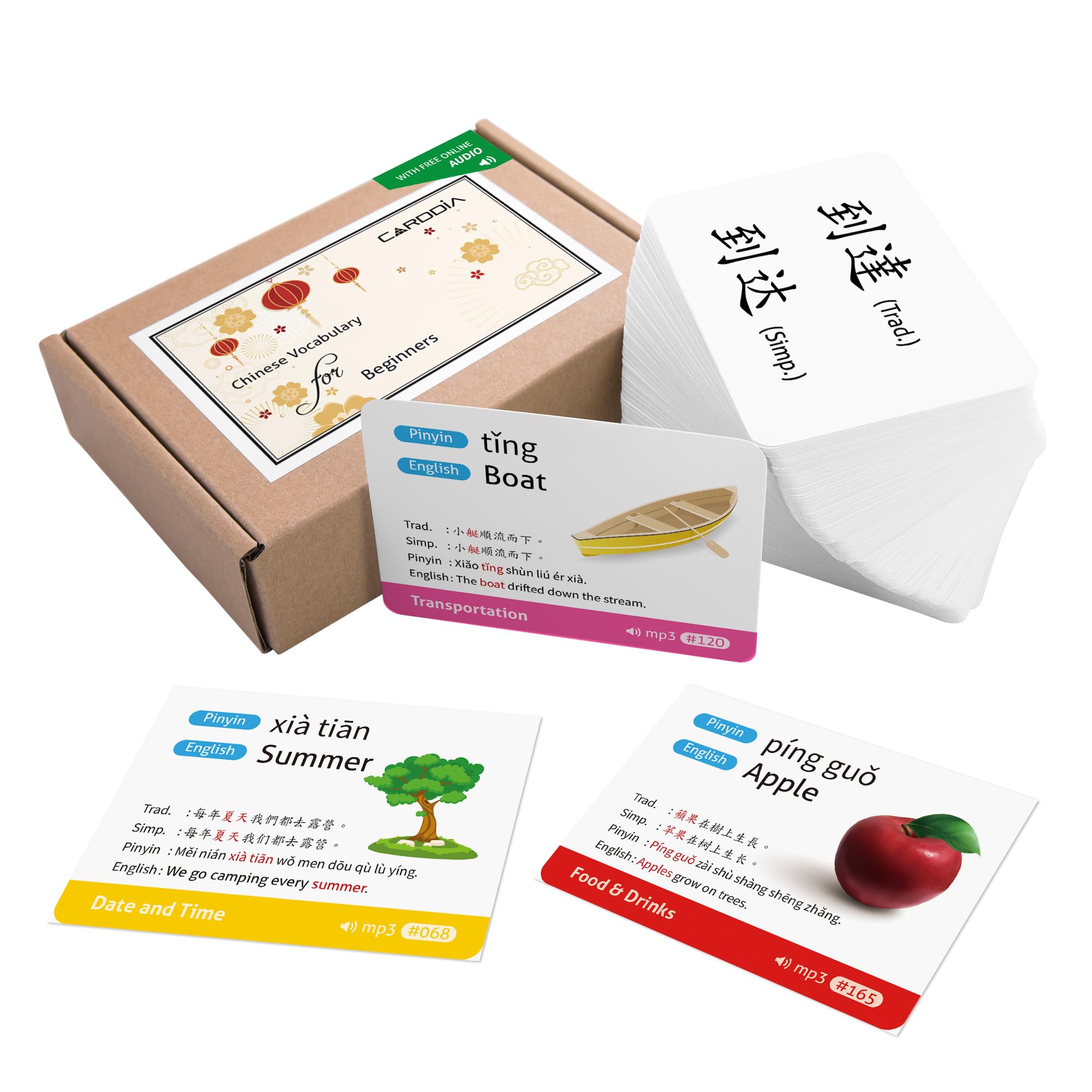 CARDDIA | Mandarin Chinese Vocabulary Cards for Beginners | Traditional and Simplified Chinese | Sentence Examples and MP3 Audio