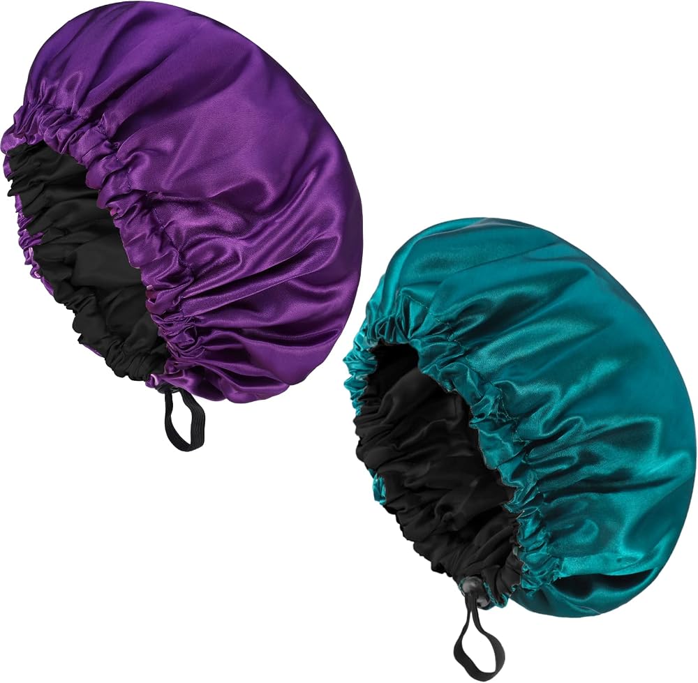 Fuyamp Satin Sleep Cap 2 Pack Adjustable Waterproof Double-Sided Purple Lake