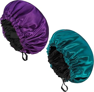 Fuyamp Satin Sleep Cap 2 Pack Adjustable Waterproof Double-Sided Purple Lake