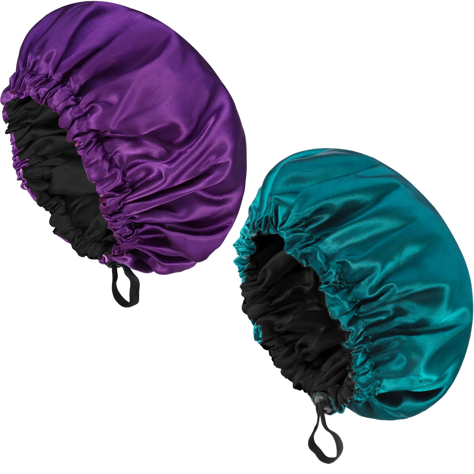 Fuyamp 2 Packs Satin Sleep Cap Shower Cap,Adjustable Silky Sleep Bonnet for Women Long Curly Hair, Double-Sided Waterproof Satin Bath Cap Hair Cap for Women Sleeping Bathing(Purple+Lake Green)